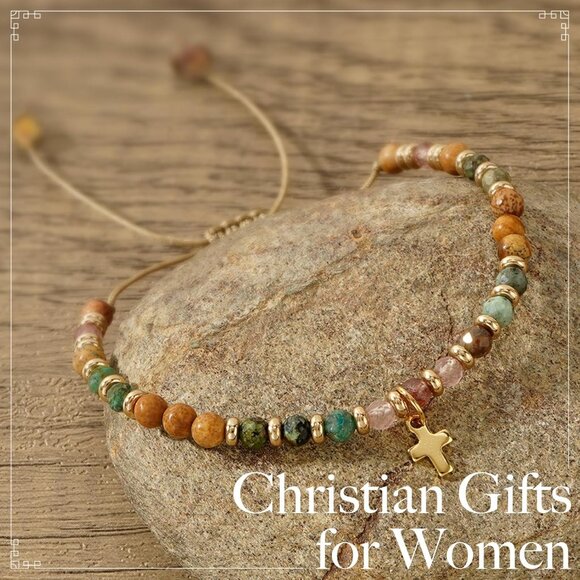 Natural Stone Cross Bracelet, Religious for Woman, Every Day God thinks of You - Picture 2 of 7